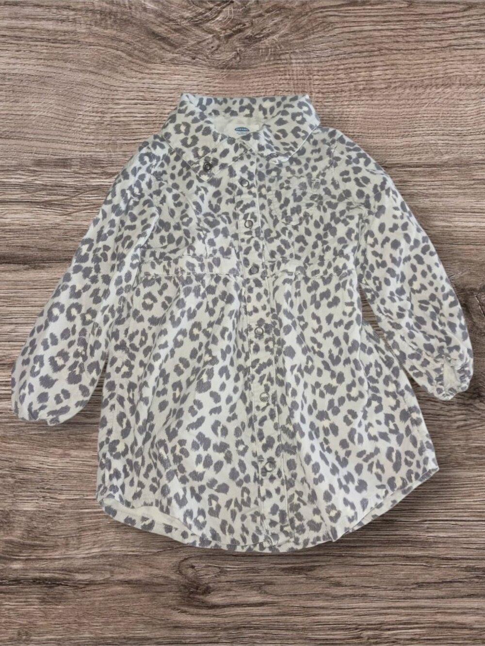 Old Navy Toddler Dress 3T Gray White Leopard Print Button Front Long Sleeve